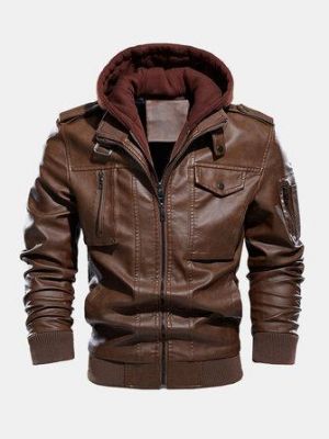 HI!ComeBack ALL IN ONE Mens Hooded Zipper Pocket Leather Jackets